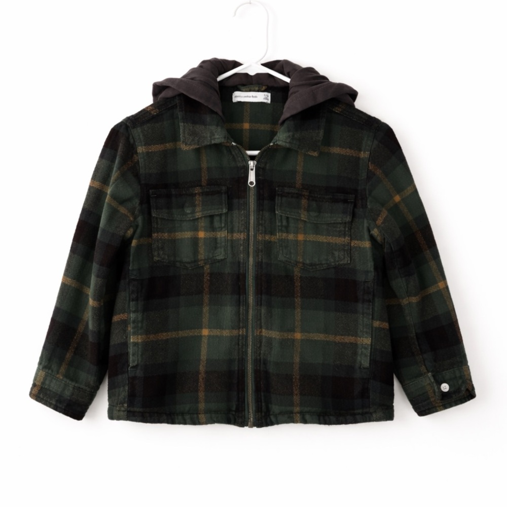 Abercrombie Kids Green and Black Plaid Hooded Shacket Jacket Pockets Size 7/8